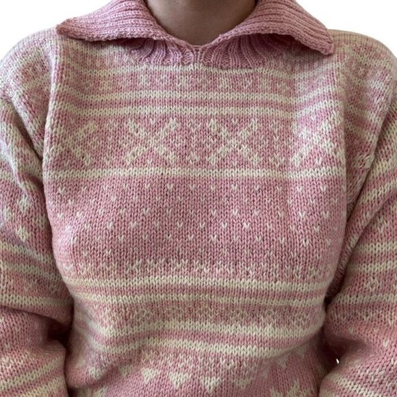 Vintage Carroll Reed Wool Pink Snowflake Valentines Day Collared Chunky Sweater - Picture 4 of 7